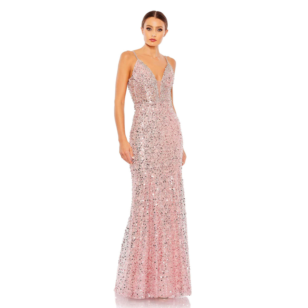 Mac Duggal EMBELLISHED PLUNGE NECK SLEEVELESS TRUMPET GOWN